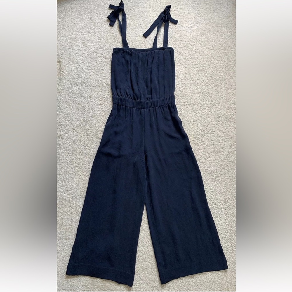 Theory Silk Jumpsuit Wmns 0 Wide Leg Flowy Navy bandeau tie straps Luxe Designer
